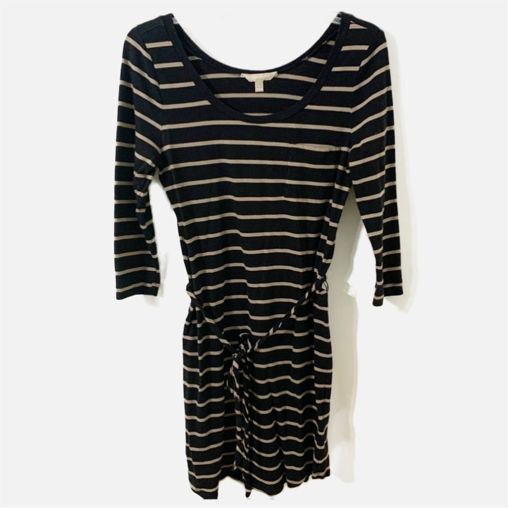 Banana Republic Factory Stripe Knit Jersey Dress Scoop Neck Self Tie 3/4 Sleeves